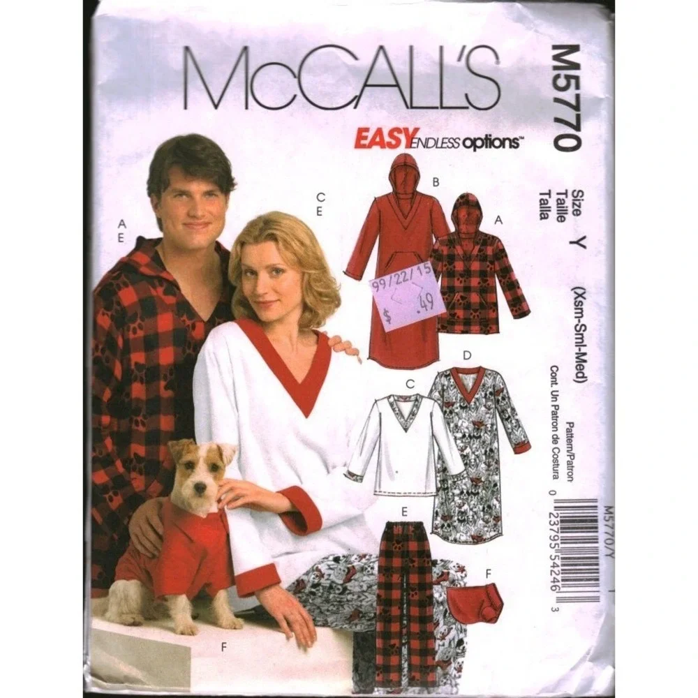 McCalls M5770 Sewing Pattern Mens Womens Dog Pajamas Nightshirt Pants Size XS-M‎